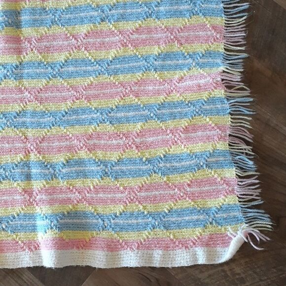 Beautiful pink, blue, yellow, and white 36" X 32" fringed blanket - Picture 6 of 6
